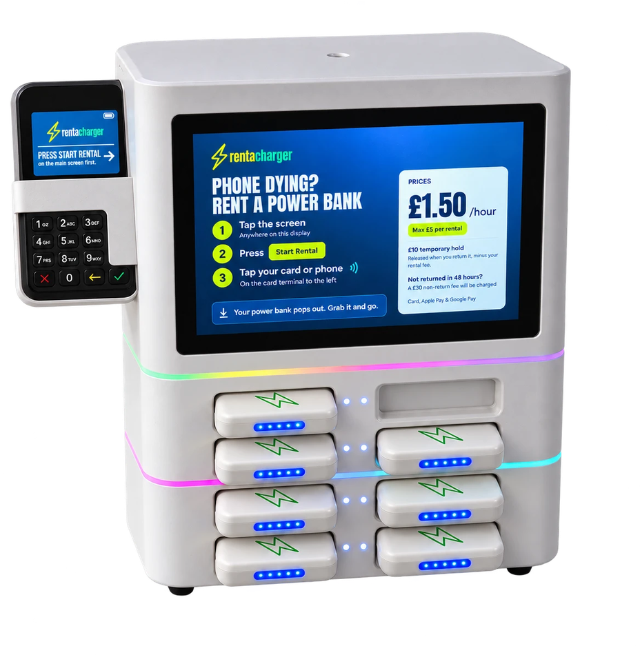 A Rentacharger station: touchscreen, card reader and eight power banks